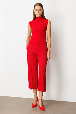 On Kadın Yanları Büzgülü Kolsuz Triko Kazak 65355 Kırmızı