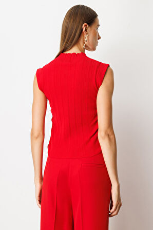 On Kadın Yanları Büzgülü Kolsuz Triko Kazak 65355 Kırmızı