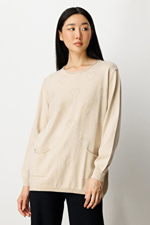 On Kadın Kabartma Desenli Cepli Triko Kazak 65344 Bej