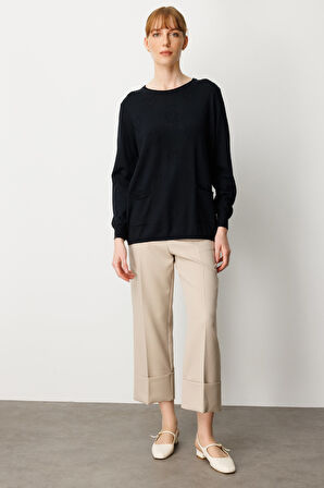 On Kadın Kabartma Desenli Cepli Triko Kazak 65344 Siyah