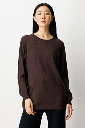 On Kadın Kabartma Desenli Cepli Triko Kazak 65344 Kahverengi