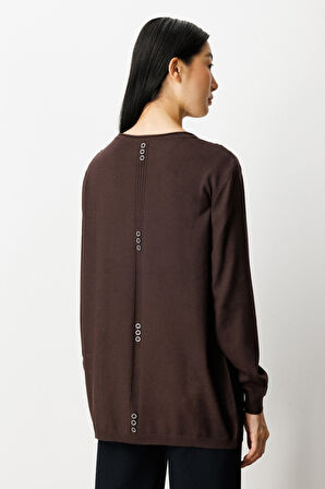 On Kadın Kabartma Desenli Cepli Triko Kazak 65344 Kahverengi