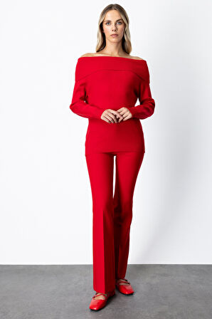 On Kadın Madonna Yaka Triko Kazak 65380 Kırmızı