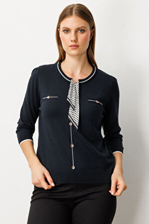 On Kadın Yakası Fularlı Triko Kazak 65352 Siyah