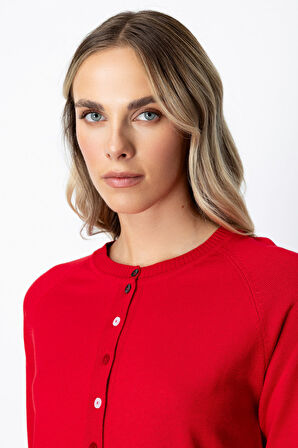 On Kadın Renkli Düğmeli Sıfır Yaka Triko Hırka 65921 Kırmızı