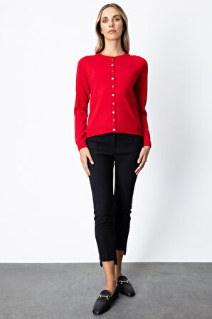 On Kadın Renkli Düğmeli Sıfır Yaka Triko Hırka 65921 Kırmızı