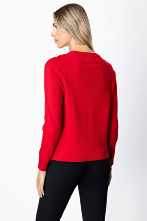 On Kadın Renkli Düğmeli Sıfır Yaka Triko Hırka 65921 Kırmızı