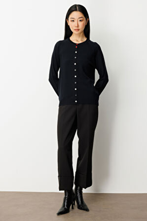 On Kadın Renkli Düğmeli Sıfır Yaka Triko Hırka 65921 Siyah