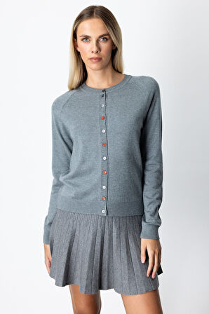 On Kadın Renkli Düğmeli Sıfır Yaka Triko Hırka 65921 Gri