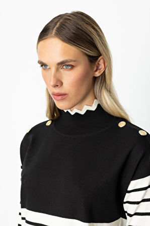 On Kadın Zikzak Detaylı Çizgili Triko Kazak 65392 Siyah