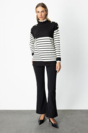 On Kadın Zikzak Detaylı Çizgili Triko Kazak 65392 Siyah