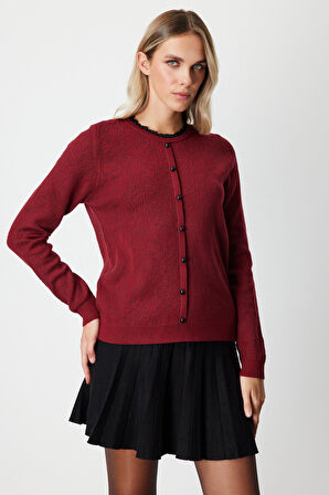 On Kadın Fırfır Detaylı Triko Kazak 65368 Bordo