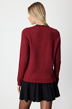 On Kadın Fırfır Detaylı Triko Kazak 65368 Bordo