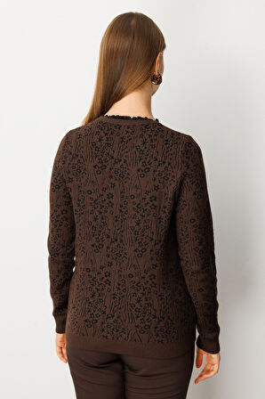 On Kadın Fırfır Detaylı Triko Kazak 65368 Kahverengi