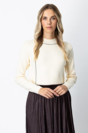 On Kadın Pencere Detaylı Taşlı Kazak 65372 Krem