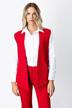 On Kadın Önü Açık Uzun Örme Yelek 65908 Kırmızı