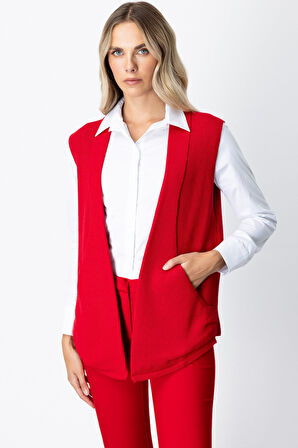 On Kadın Önü Açık Uzun Örme Yelek 65908 Kırmızı