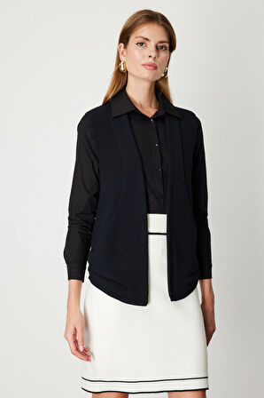 On Kadın Önü Açık Uzun Örme Yelek 65908 Siyah