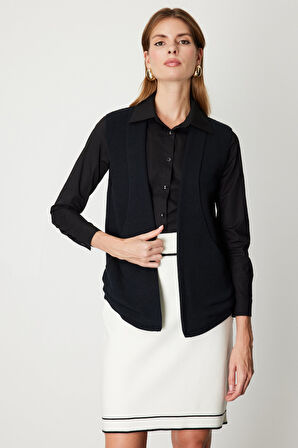 On Kadın Önü Açık Uzun Örme Yelek 65908 Siyah