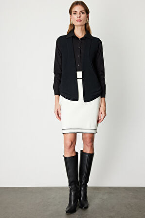 On Kadın Önü Açık Uzun Örme Yelek 65908 Siyah