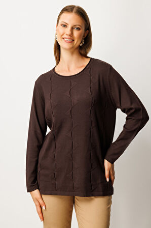 On Kadın Büyük Beden Kendinden Desenli Triko Kazak 65329 Kahverengi