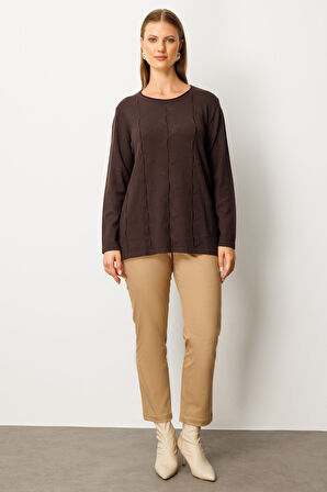 On Kadın Büyük Beden Kendinden Desenli Triko Kazak 65329 Kahverengi