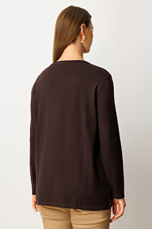 On Kadın Büyük Beden Kendinden Desenli Triko Kazak 65329 Kahverengi