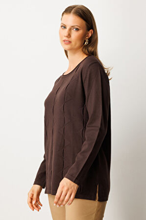 On Kadın Büyük Beden Kendinden Desenli Triko Kazak 65329 Kahverengi