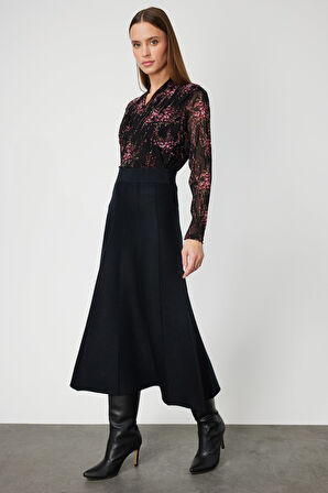 On Kadın Pileli Midi Triko Etek 65210 Siyah