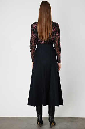 On Kadın Pileli Midi Triko Etek 65210 Siyah