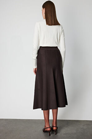 On Kadın Pileli Midi Triko Etek 65210 Kahverengi