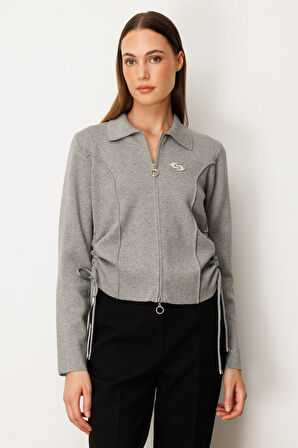 On Kadın Yanları Büzgü Detaylı Fermuarlı Hırka 63923 Gri