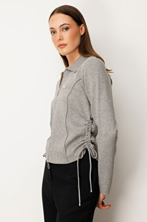 On Kadın Yanları Büzgü Detaylı Fermuarlı Hırka 63923 Gri