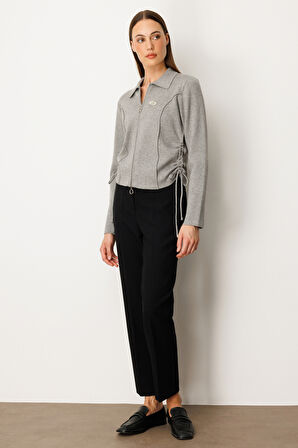 On Kadın Yanları Büzgü Detaylı Fermuarlı Hırka 63923 Gri