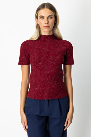 On Kadın Dik Yaka Kısa Kollu Triko Kazak 69302 Bordo