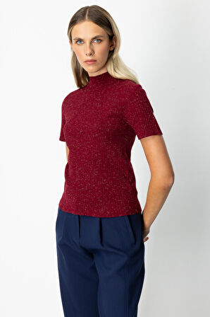 On Kadın Dik Yaka Kısa Kollu Triko Kazak 69302 Bordo