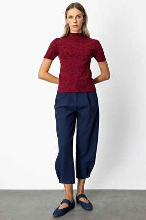 On Kadın Dik Yaka Kısa Kollu Triko Kazak 69302 Bordo