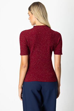 On Kadın Dik Yaka Kısa Kollu Triko Kazak 69302 Bordo