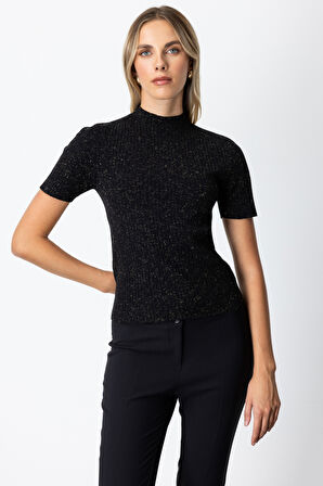 On Kadın Dik Yaka Kısa Kollu Triko Kazak 69302 Siyah