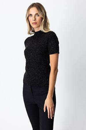 On Kadın Dik Yaka Kısa Kollu Triko Kazak 69302 Siyah