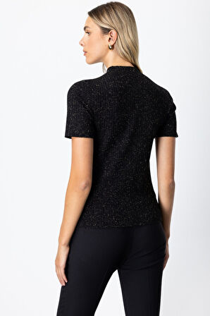 On Kadın Dik Yaka Kısa Kollu Triko Kazak 69302 Siyah