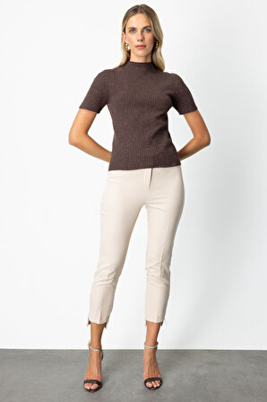 On Kadın Dik Yaka Kısa Kollu Triko Kazak 69302 Kahverengi