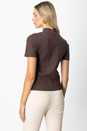 On Kadın Dik Yaka Kısa Kollu Triko Kazak 69302 Kahverengi