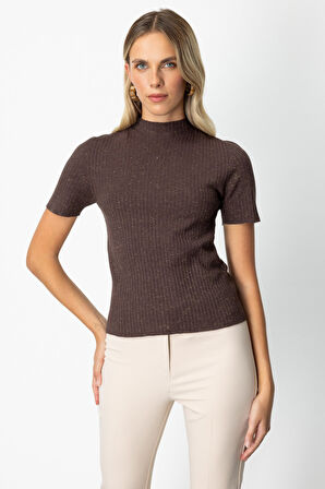 On Kadın Dik Yaka Kısa Kollu Triko Kazak 69302 Kahverengi