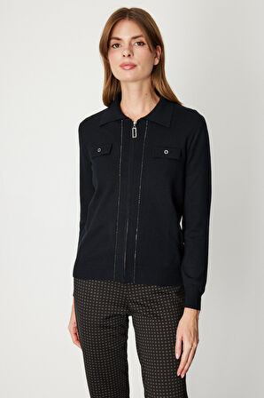 On Kadın Taş Şeritli Triko Hırka 65922 Siyah