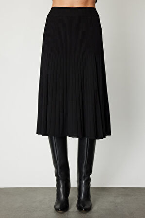 On Kadın Piliseli Midi Triko Etek 69201 Siyah