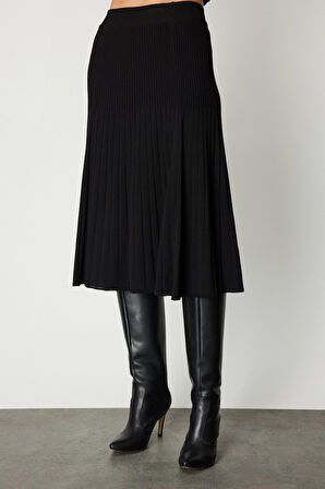 On Kadın Piliseli Midi Triko Etek 69201 Siyah