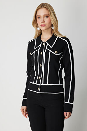 On Kadın Şerit Detaylı Çıtçıt Kapamalı Hırka 69908 Siyah