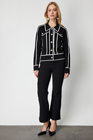 On Kadın Şerit Detaylı Çıtçıt Kapamalı Hırka 69908 Siyah