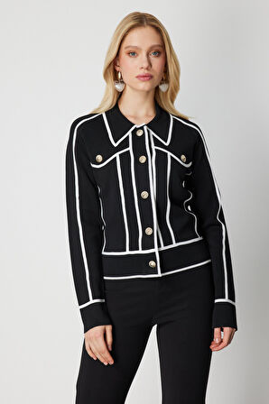 On Kadın Şerit Detaylı Çıtçıt Kapamalı Hırka 69908 Siyah